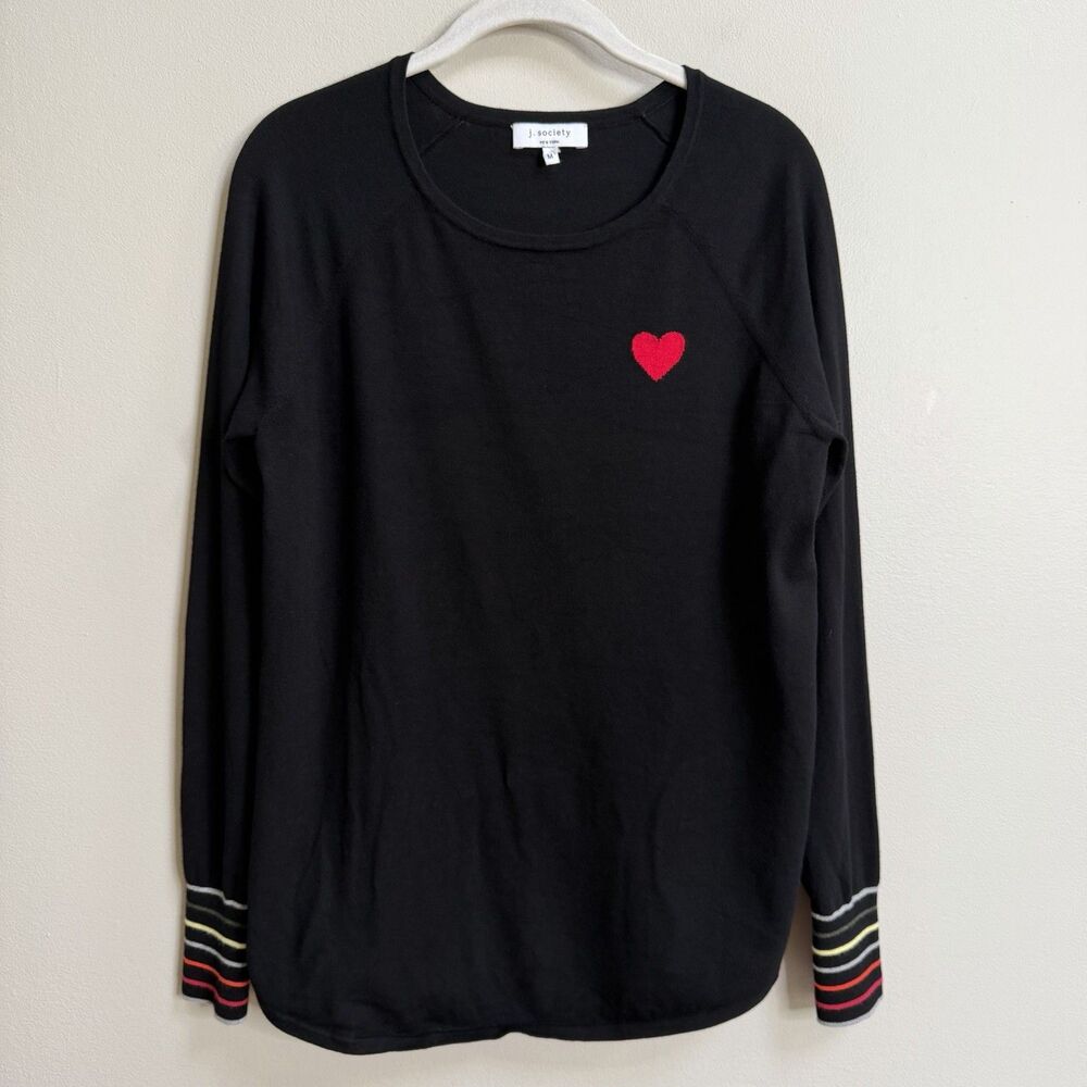 J. Society Black Heart Striped Cuff Crew Neck Long Sleeve Sweater Size Medium